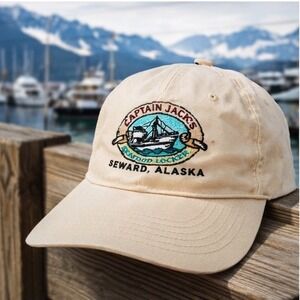 Captain Jacks Seafood Locker Seward Alaska Flexfit Hat Yupoong Beige Mens